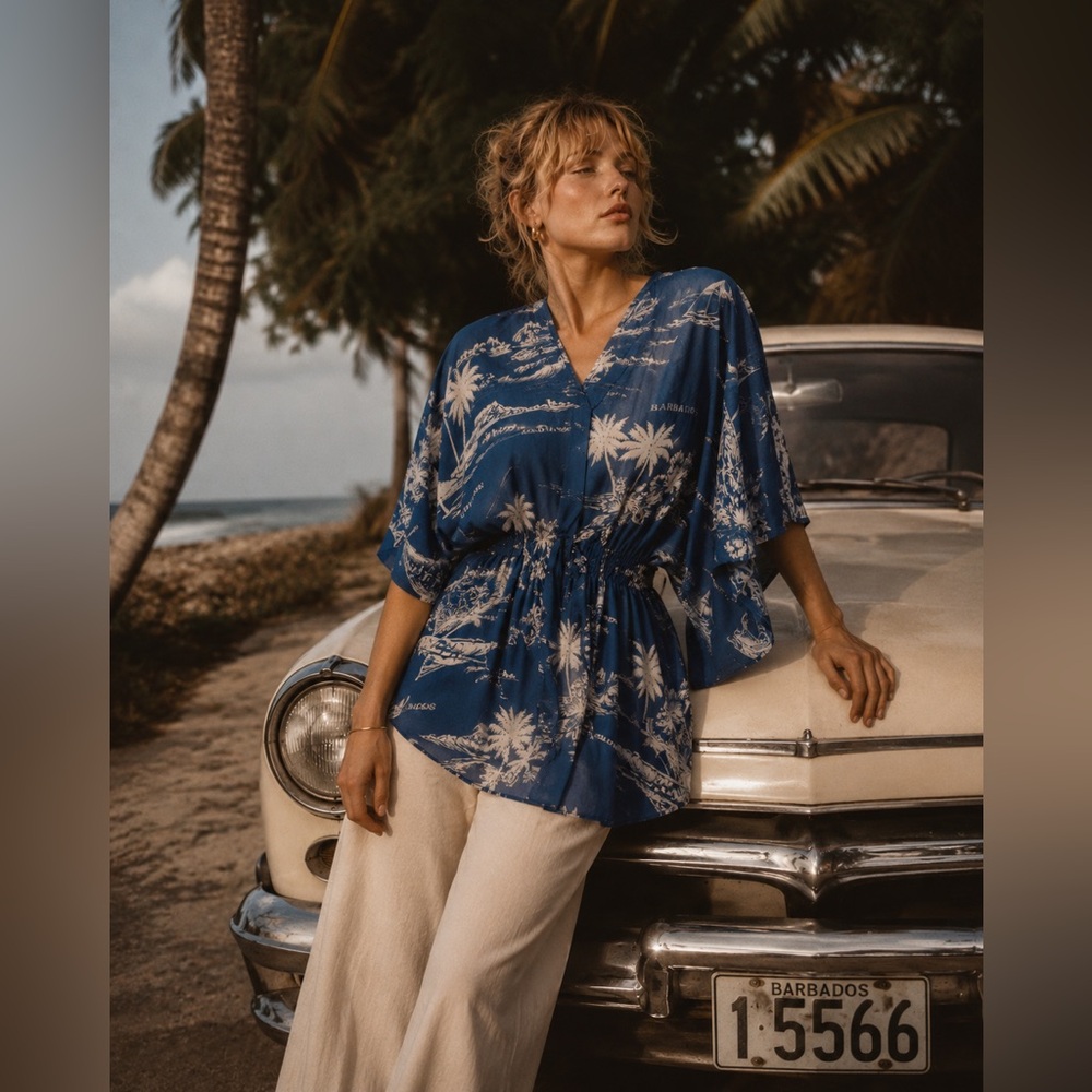 Vintage Blue and White Barbados Print Kaftan Top